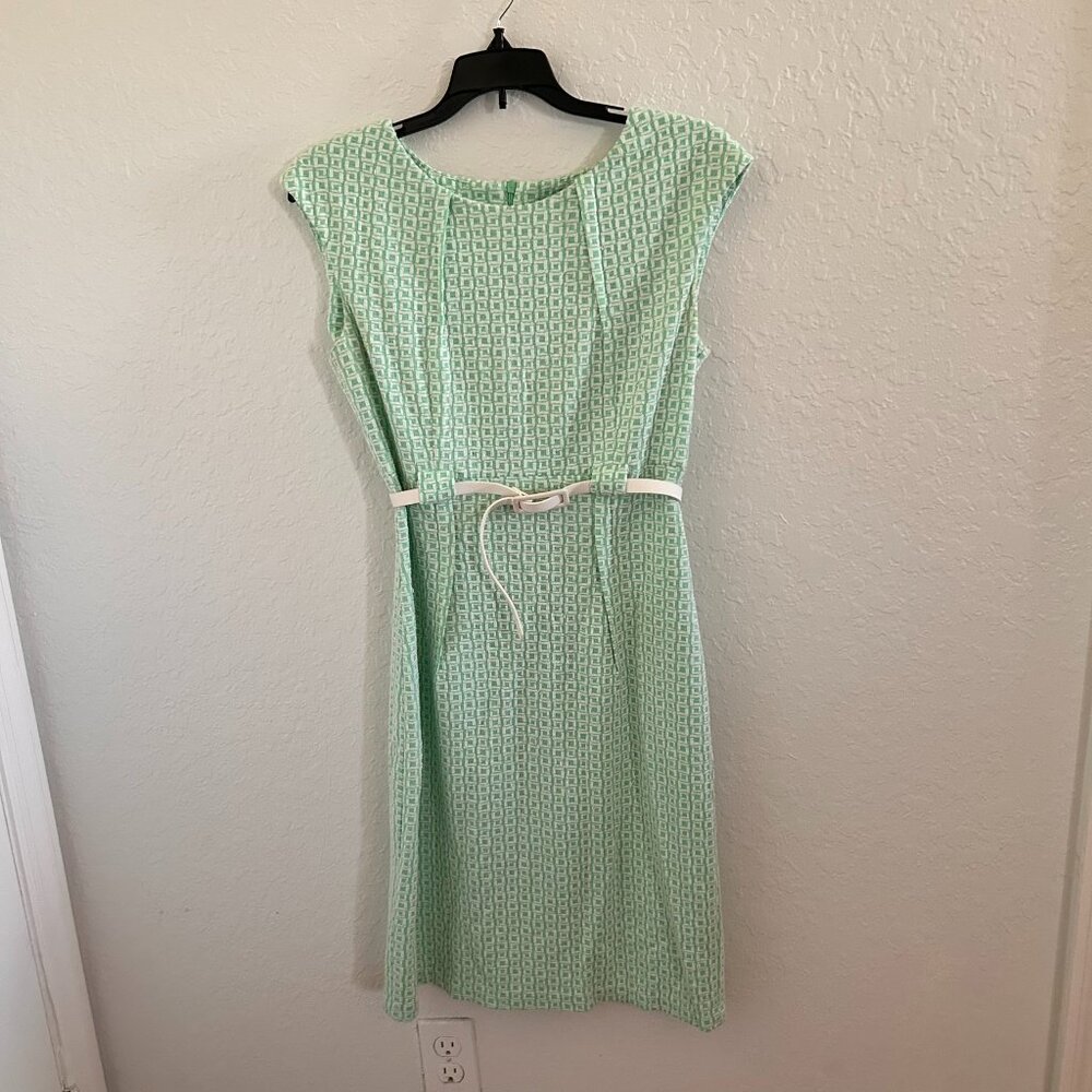 Connected Apparel Dress Green Sleeveless Belted Round Neck Back Zip SKU 203